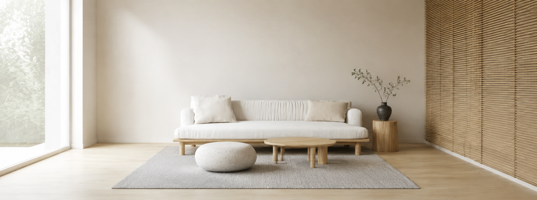 Serene Japandi living room balancing natural materials and open space