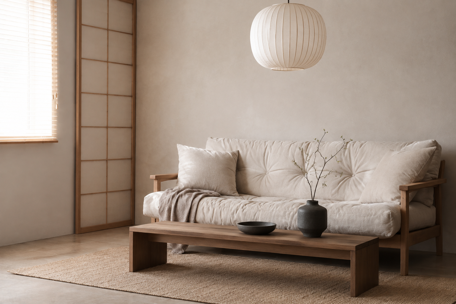 Quiet Japandi room with clean lines and considered negative space