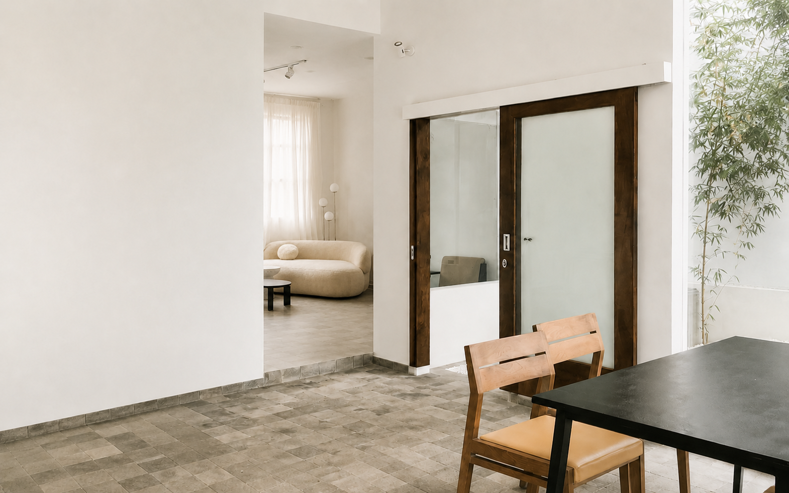 An open minimalist interior with generous negative space