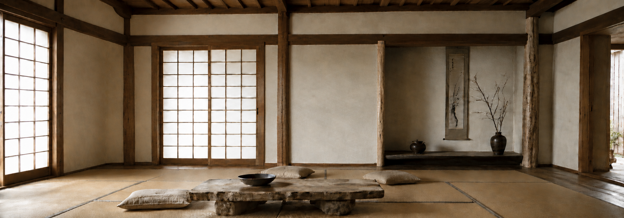 A calm asymmetric wabi-sabi living room in natural stone, wood and linen