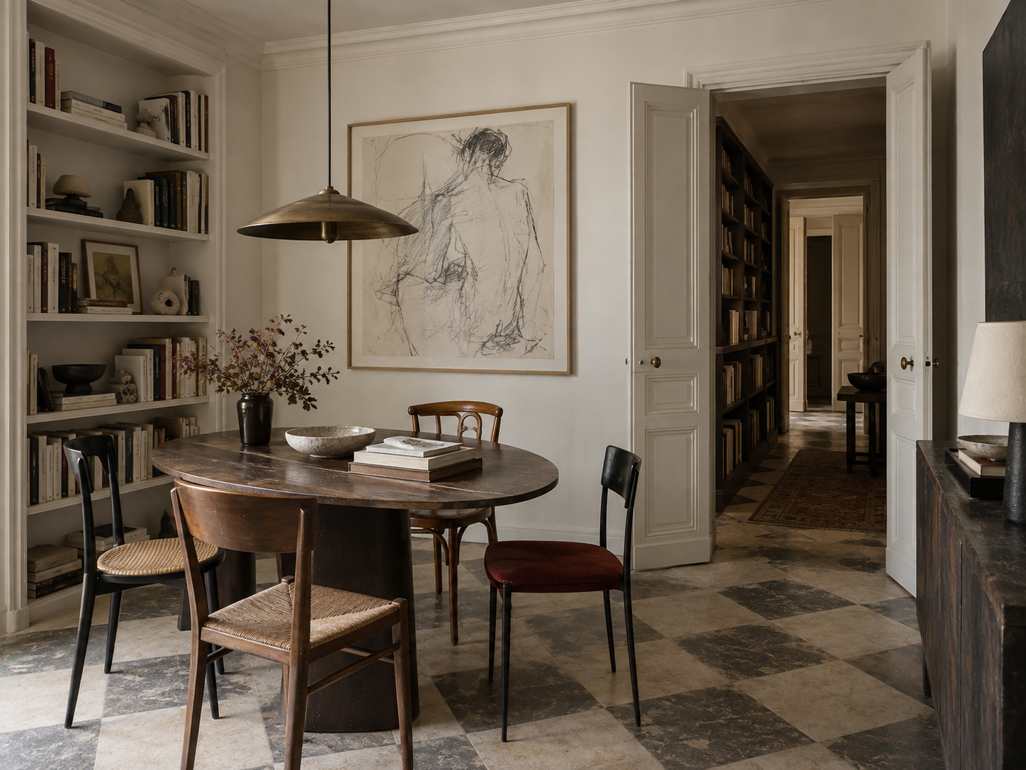 Parisian plaster mouldings and marble fireplace