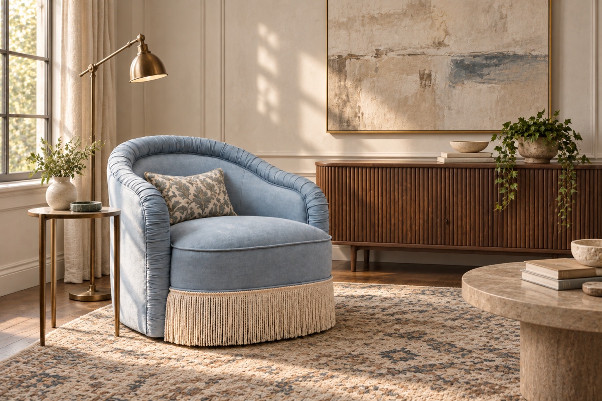 Pamela faded blue tasseled chair in a contemporary new traditional room