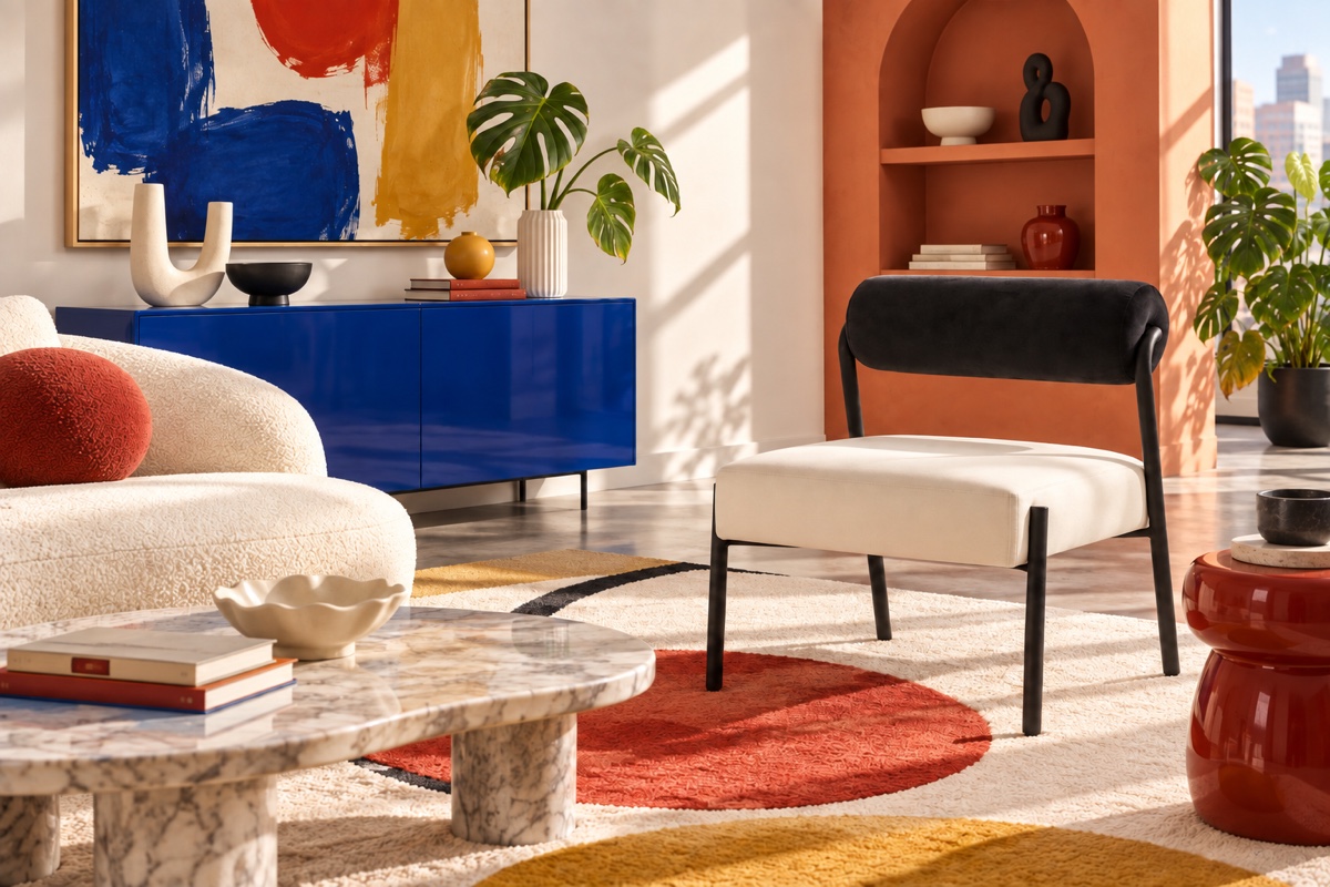 Jolene black and cream velvet chair in a colorful playful modern room