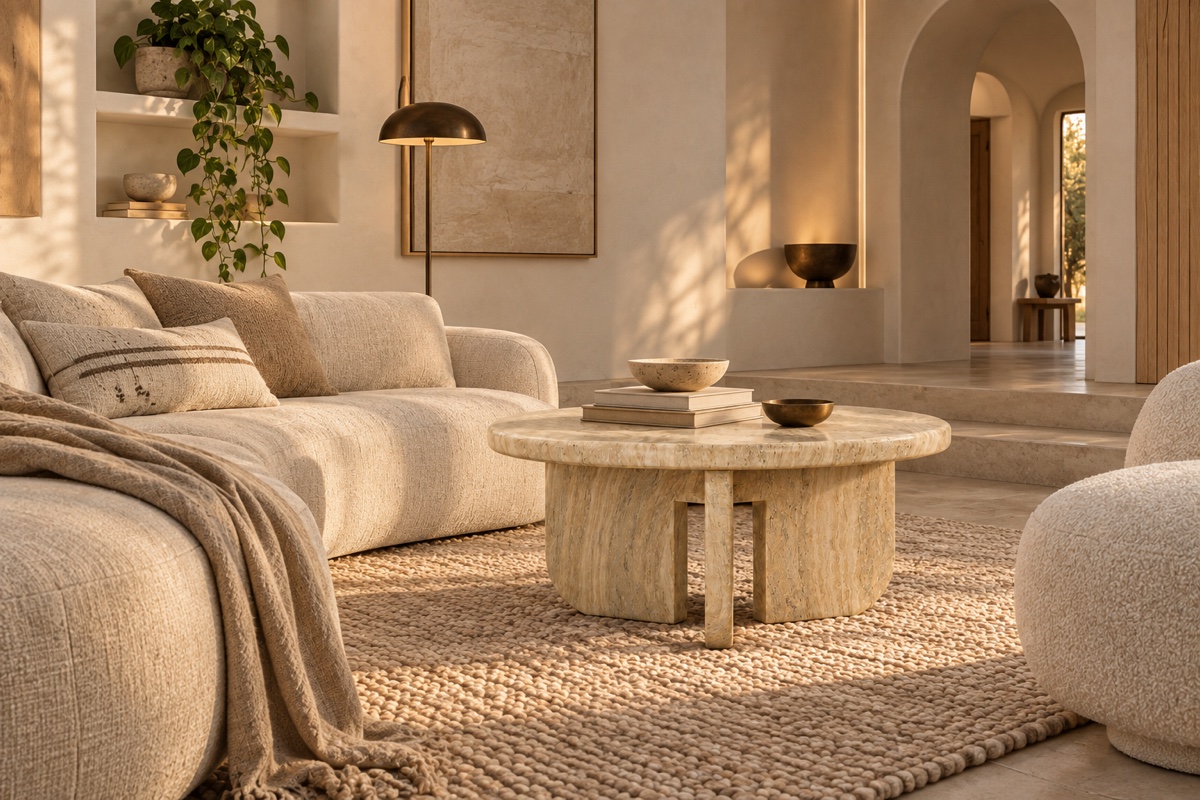 Patrizia faux travertine round coffee table in a soft organic living room