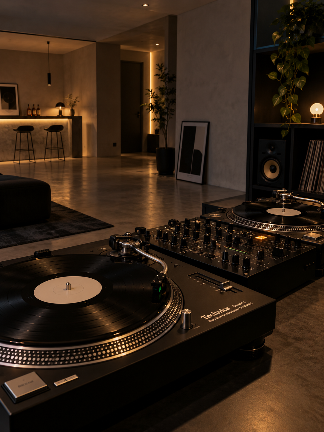 レコードとTechnicsのターンテーブルを配した静かなリスニングルーム