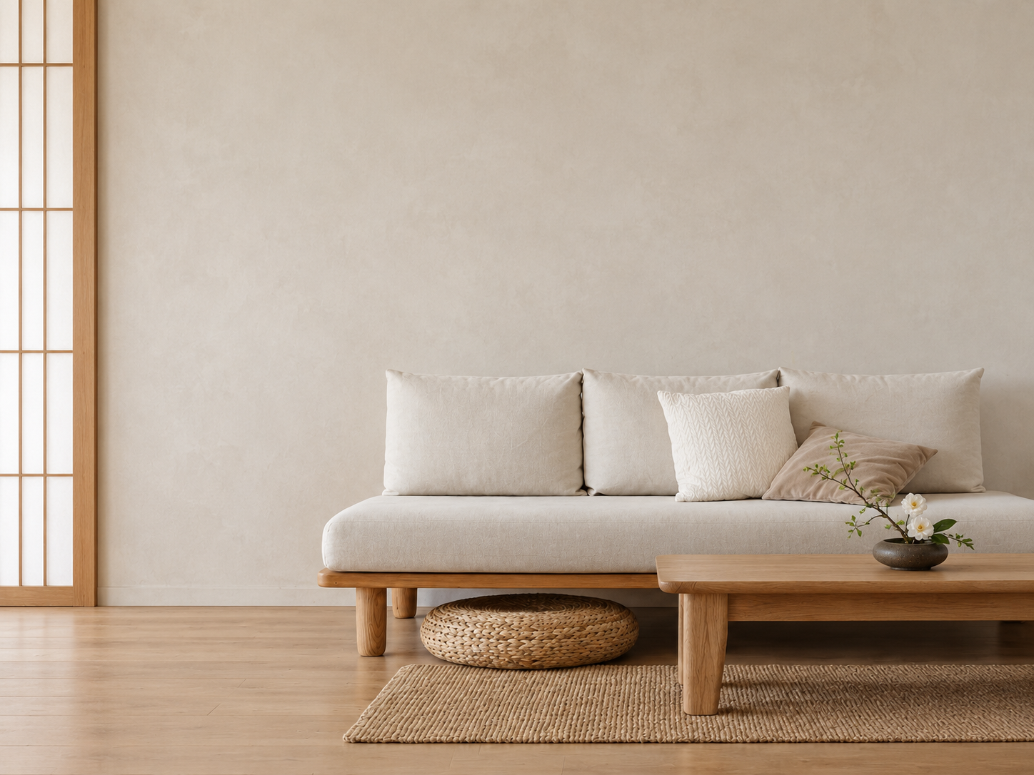 Warm Japandi living room with low oak furniture and shoji-inspired screens