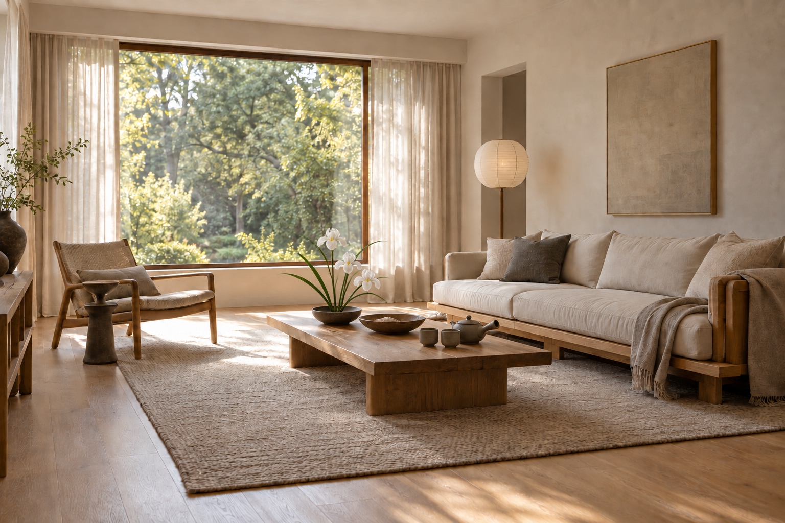 Japandi room with an original pale oak and flax linen daybed sofa