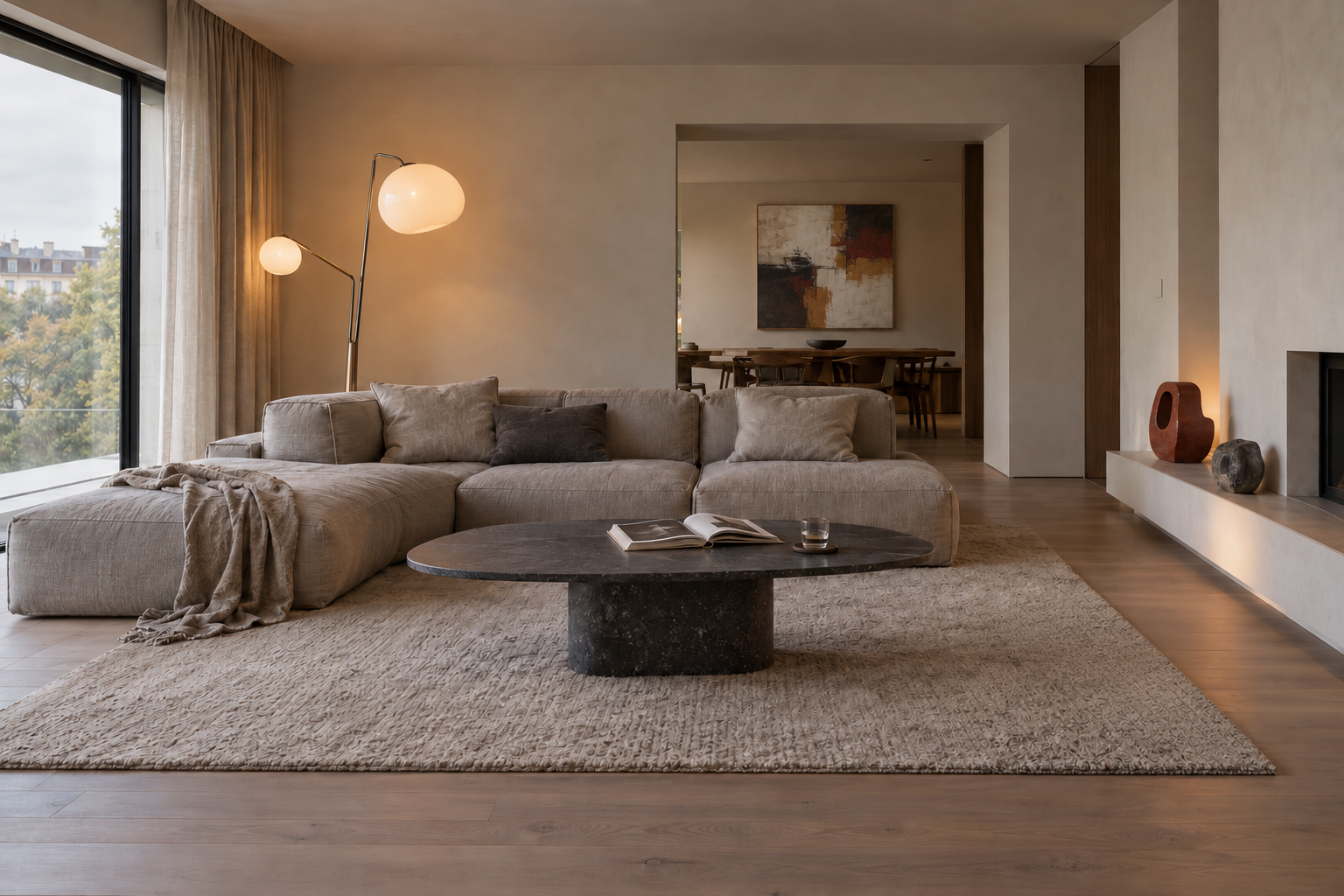 Warm minimal conversation space with three original sculptural lounge chairs