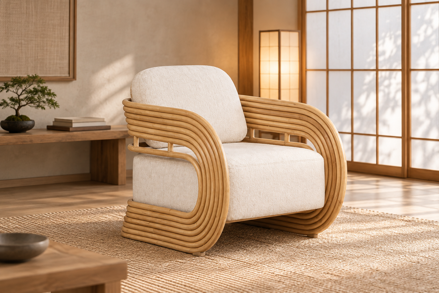 Lauretta cream performance fabric and natural rattan accent chair with pale plaster, oak and charcoal timber details