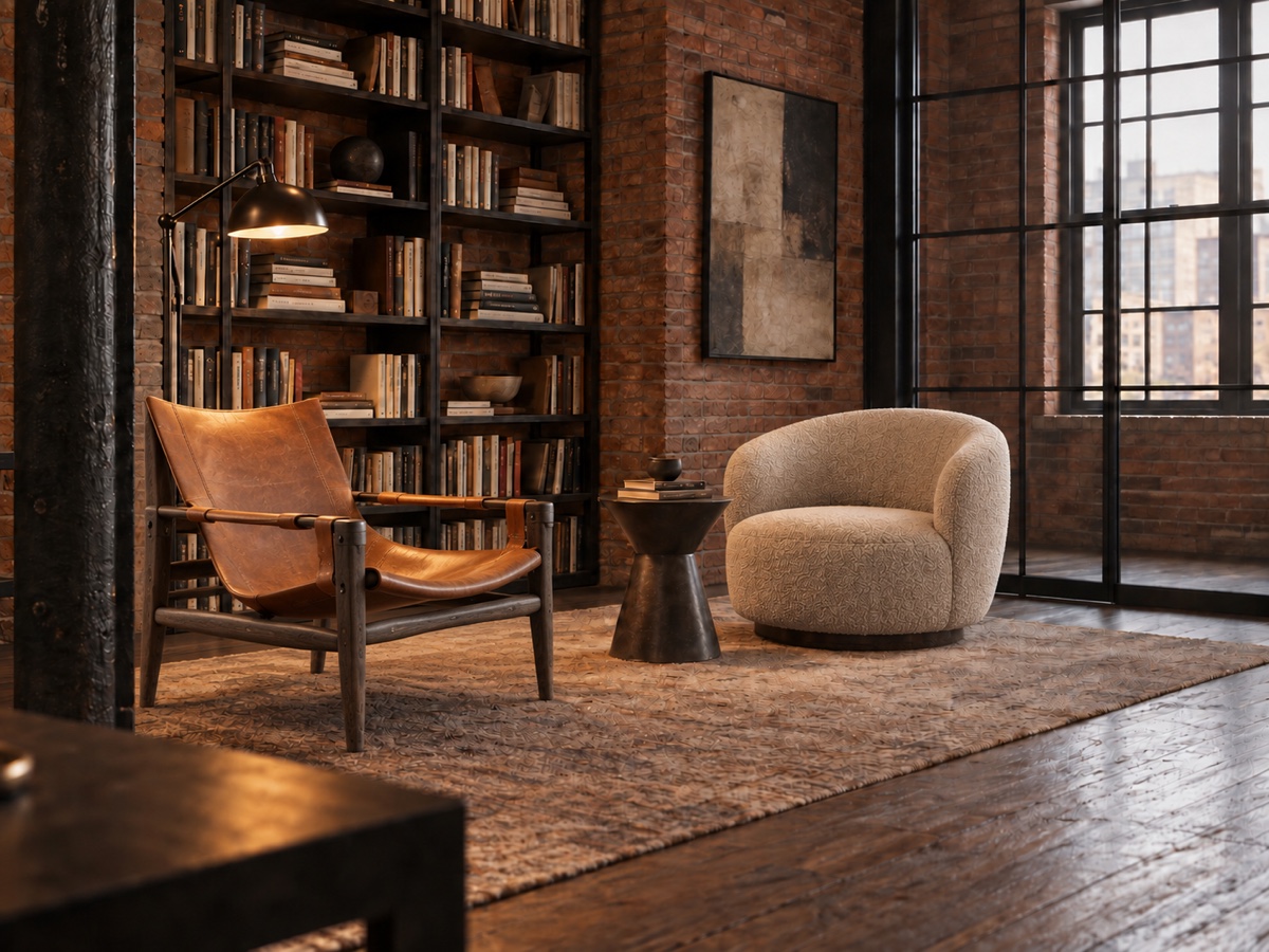 Industrial reading corner with original leather and bouclé lounge chairs