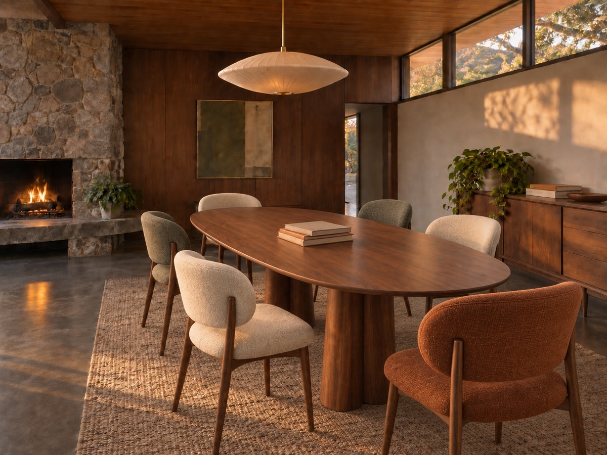Mid-century dining room with an original oval walnut table and mixed upholstered chairs