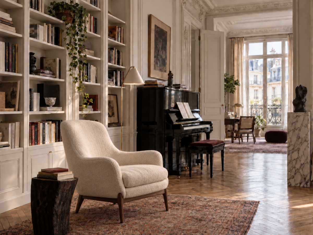 Parisian library and music room with an original ivory wool reading chair
