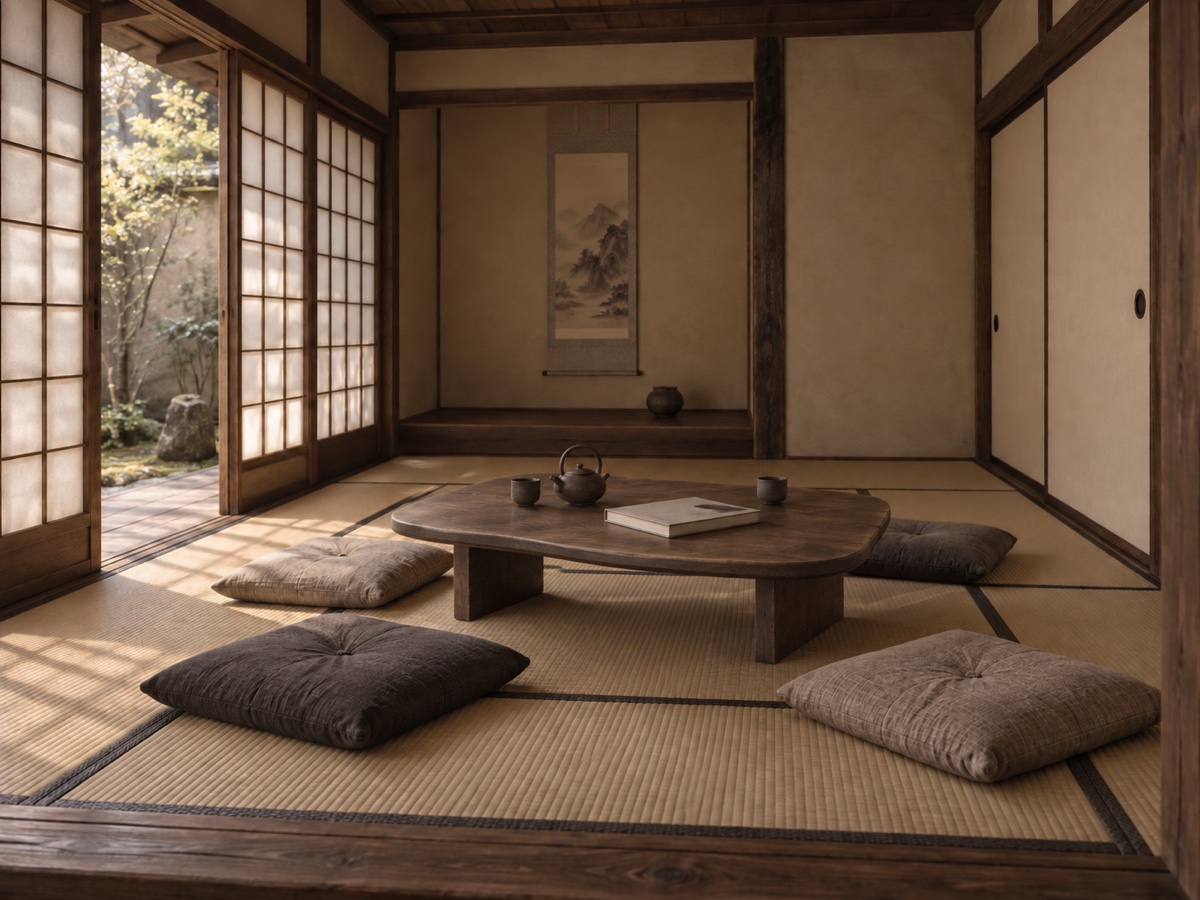 Japanese zashiki with tatami, shoji and an original smoked chestnut low table
